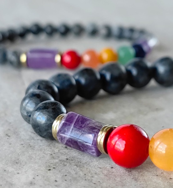 Trzeci detal bransoletki czakry z kamieniami naturalnymi ametystem i larvikitem, Twin Flames Jewellery