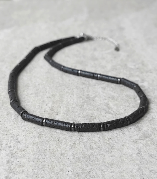 naszyjnik z kamieni naturalnych - naszyjnik męski z lawą wulkaniczną i hematytem - choker czarny