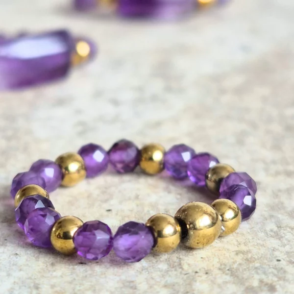 pierścionek na gumce elastyczny - ametyst- hematyt