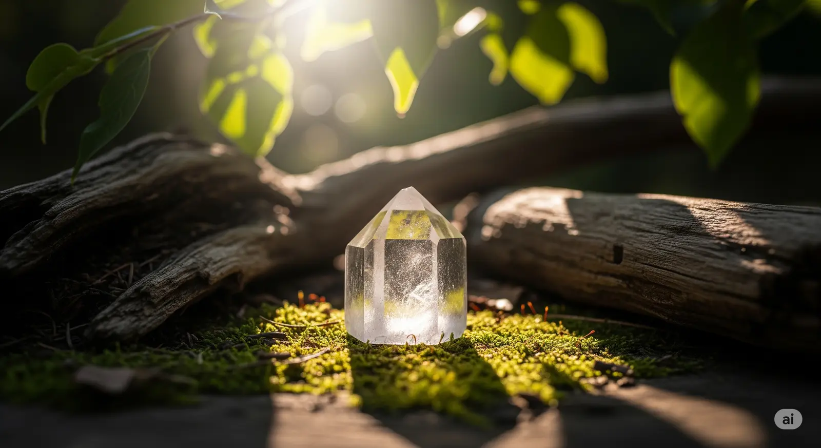 Kryształ górski w naturalnym otoczeniu, symbolizujący właściwości lecznicze i magiczne