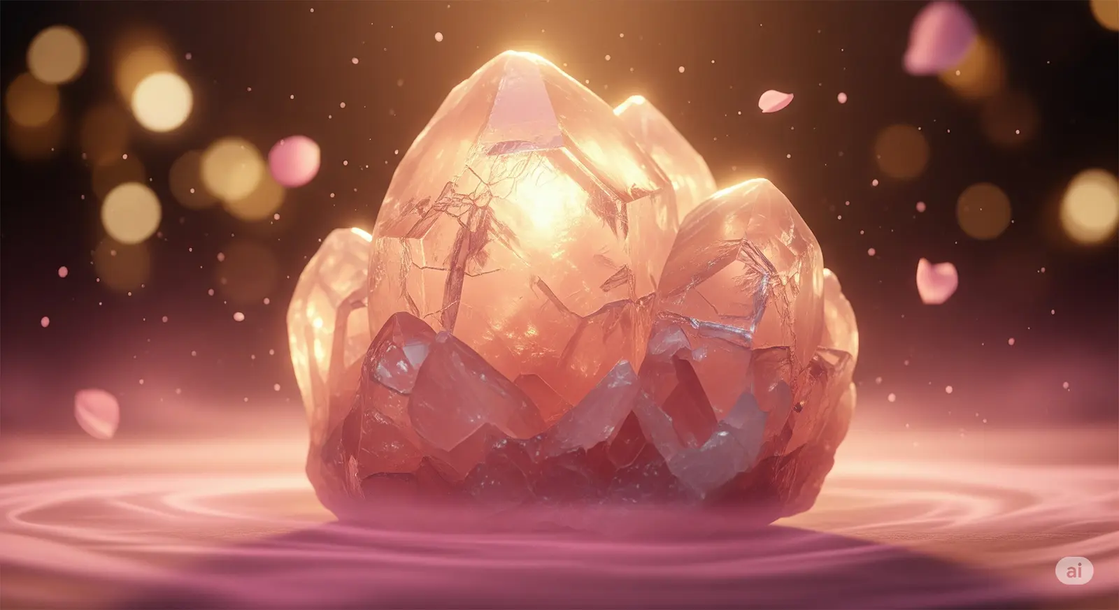 Duży, surowy klaster kwarcu różowego w naturalnym otoczeniu strumienia, otoczony eteryczną różową mgiełką i złotym światłem, symbolizujący miłość i uzdrawiającą energię.