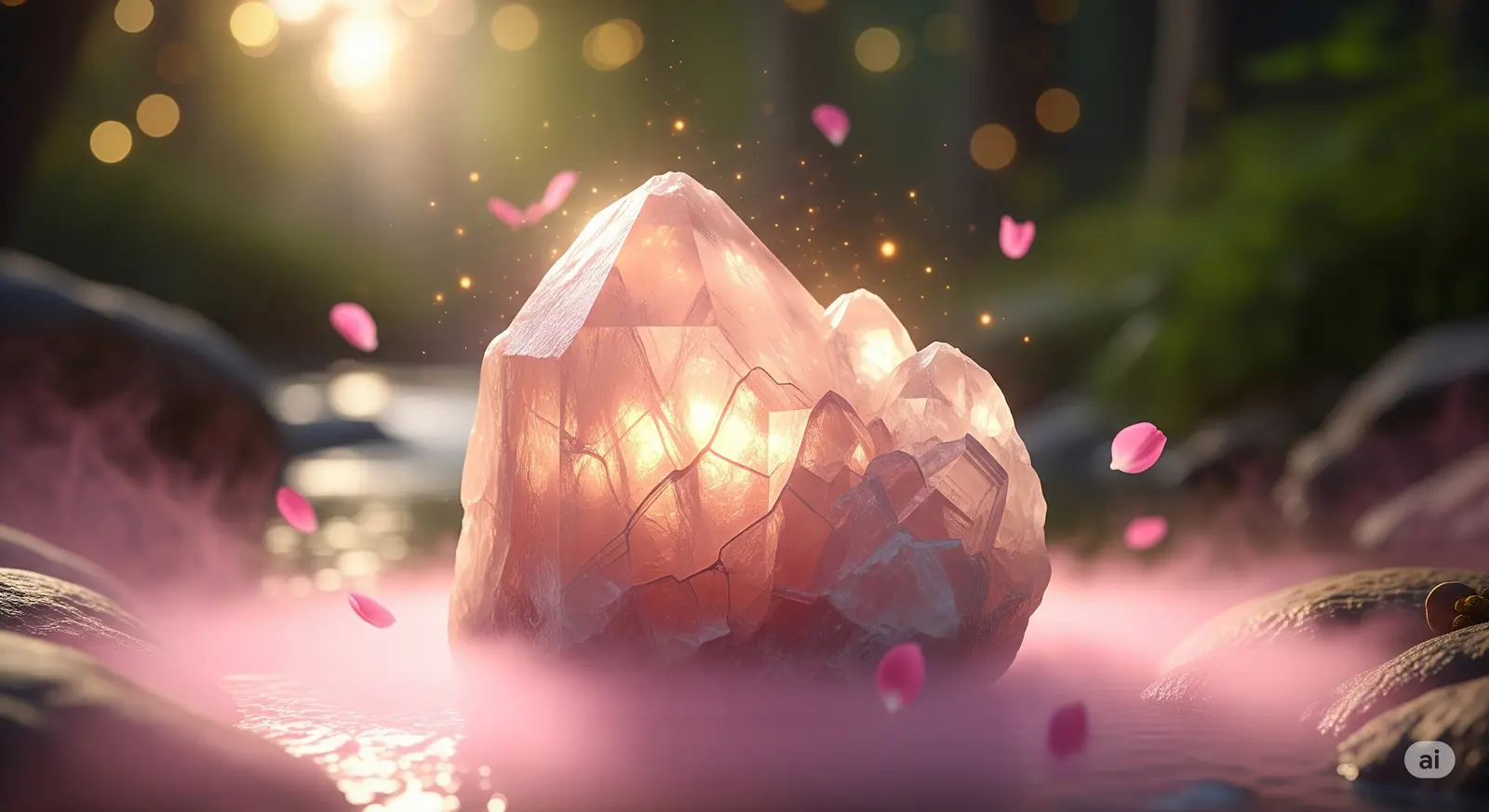 Makrofotografia klastra kwarcu różowego w leśnym krajobrazie, z widocznymi pęknięciami, delikatnymi płatkami róż i mistycznym blaskiem, podkreślająca jego magiczne właściwości.