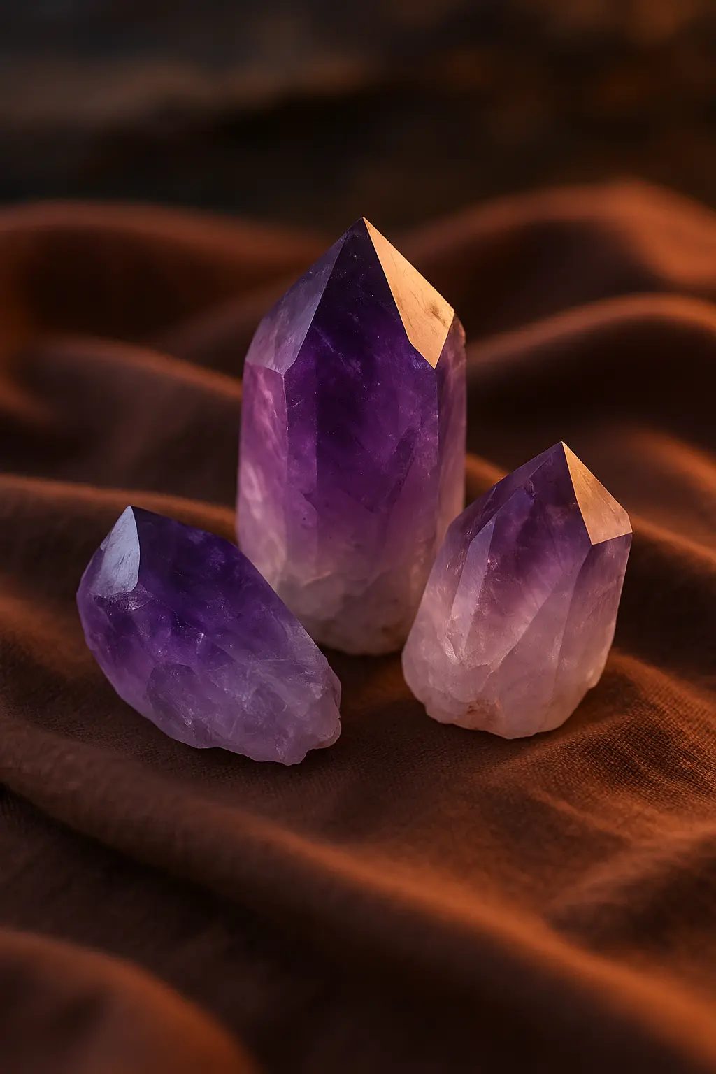 Kryształy ametystu leżące na miękkim materiale, skąpane w mistycznym świetle, podkreślające ich magiczne właściwości.
