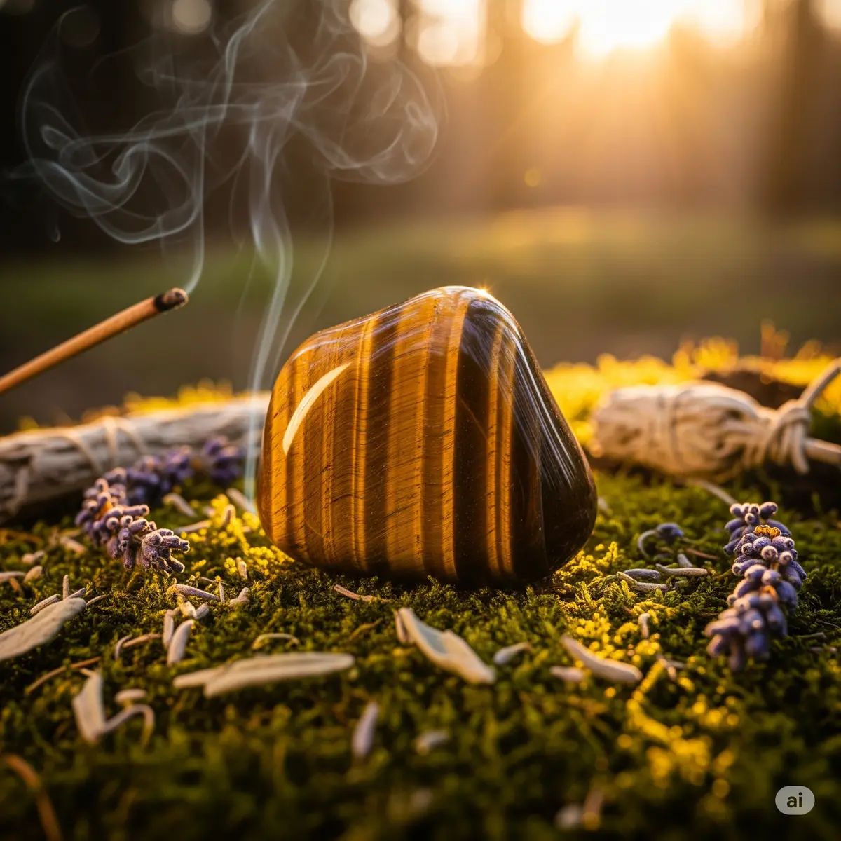 Kryształy tygrysiego oka w otoczeniu ziół i kadzidła – magia ochrony i odwagi